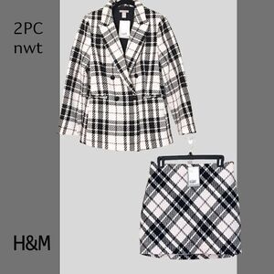 2-pc NWT H&M black & white plaid textured-weave blazer and skirt set, Sz S & 8